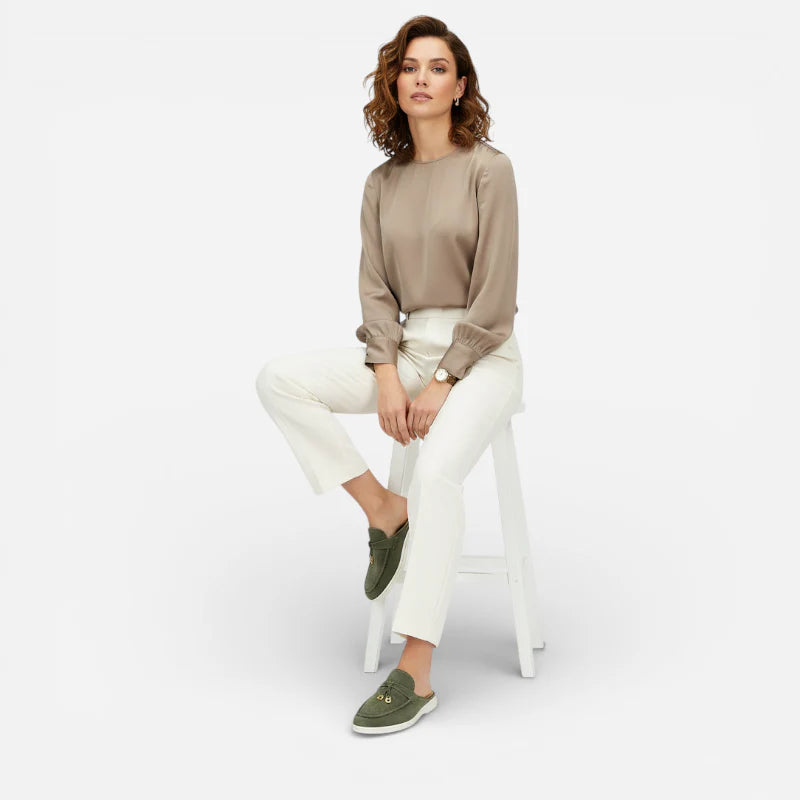 Mocassin Ouvert En Daim Kaki Pour Femme