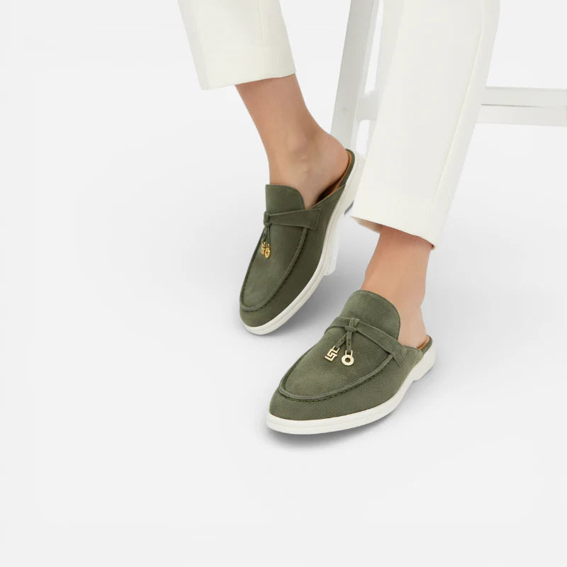 Mocassin Ouvert En Daim Kaki Pour Femme