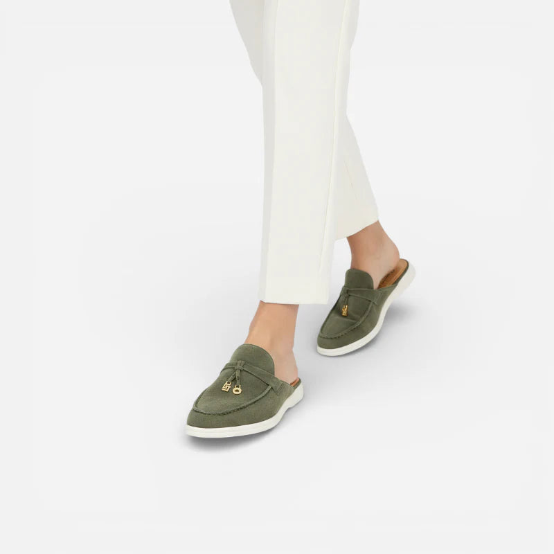 Mocassin Ouvert En Daim Kaki Pour Femme