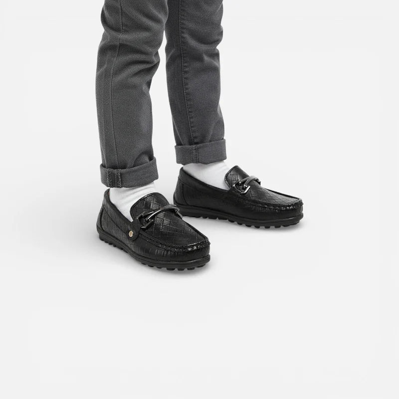 Mocassin Garçon Cuir Noir Tissé