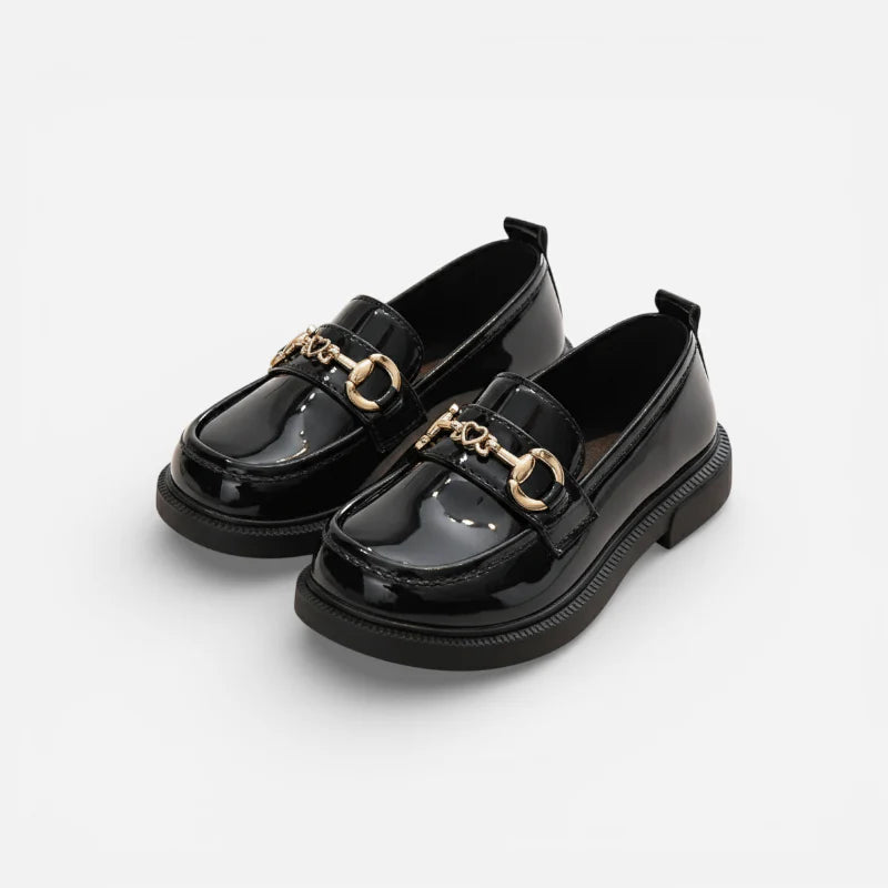 Mocassin Noir Enfant Chainette En Cuir Vernis