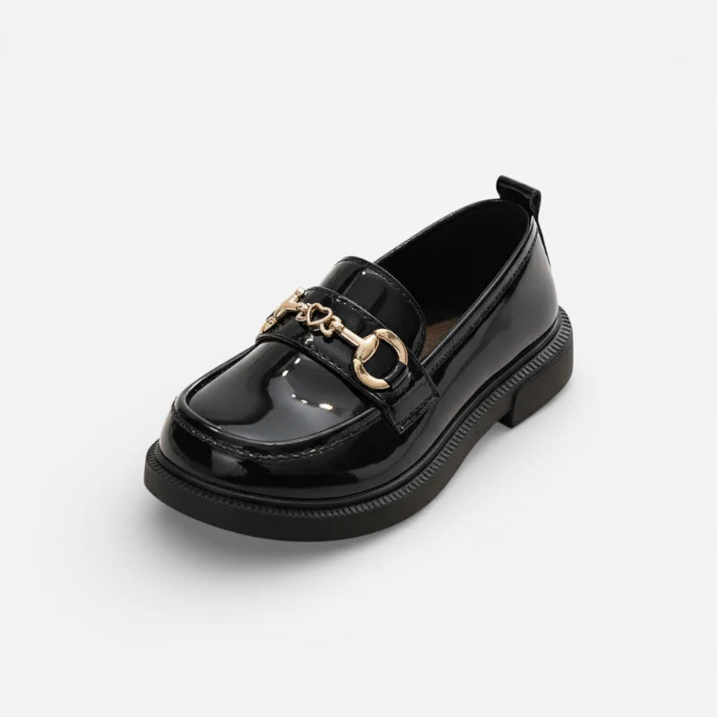 Mocassin Noir Enfant Chainette En Cuir Vernis