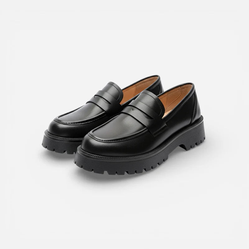 Mocassin Plateforme En Cuir Noir Pour Femme