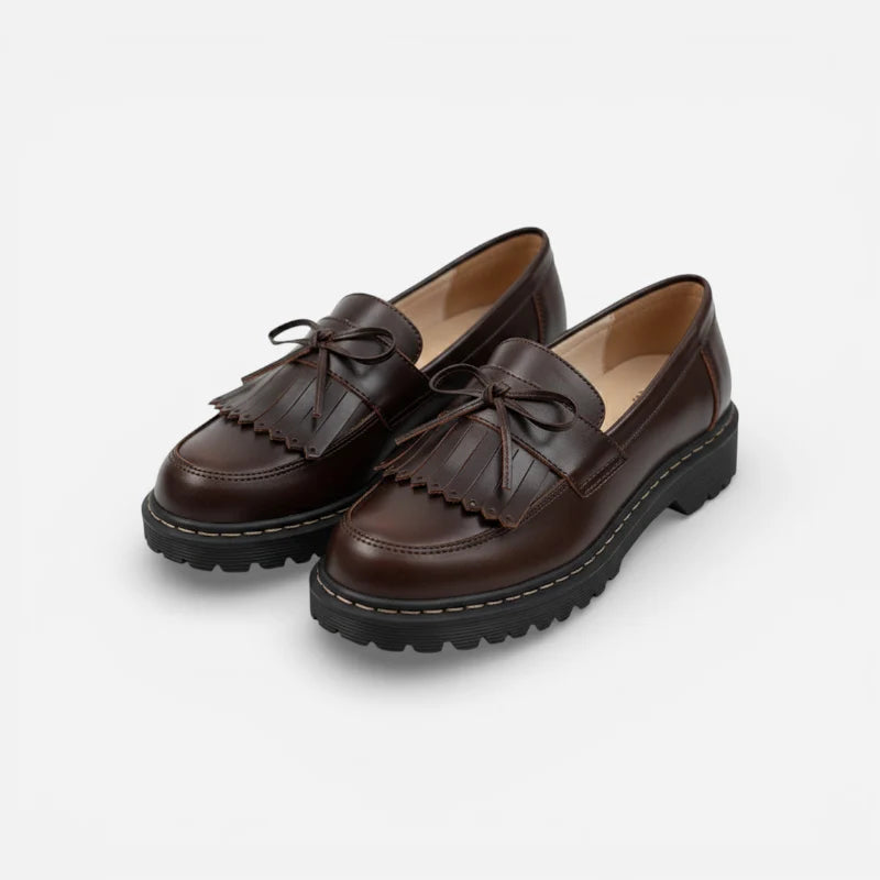 Mocassin En Cuir Marron Foncé Frange Et Lacets Noeud Papillon Femme