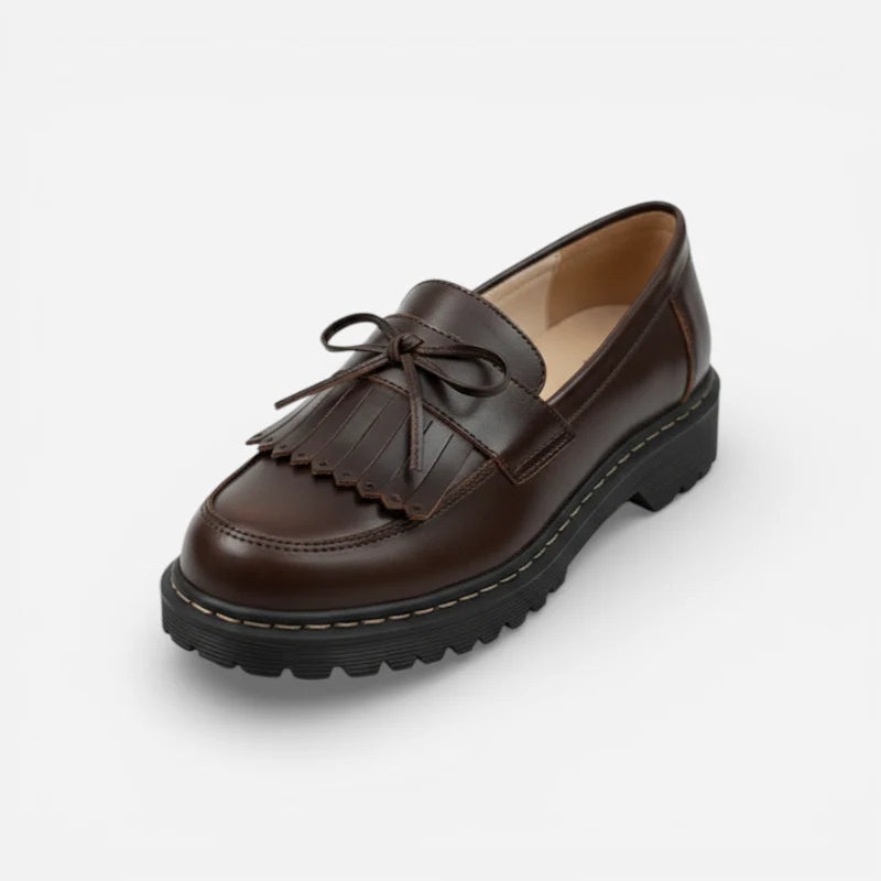 Mocassin En Cuir Marron Foncé Frange Et Lacets Noeud Papillon Femme