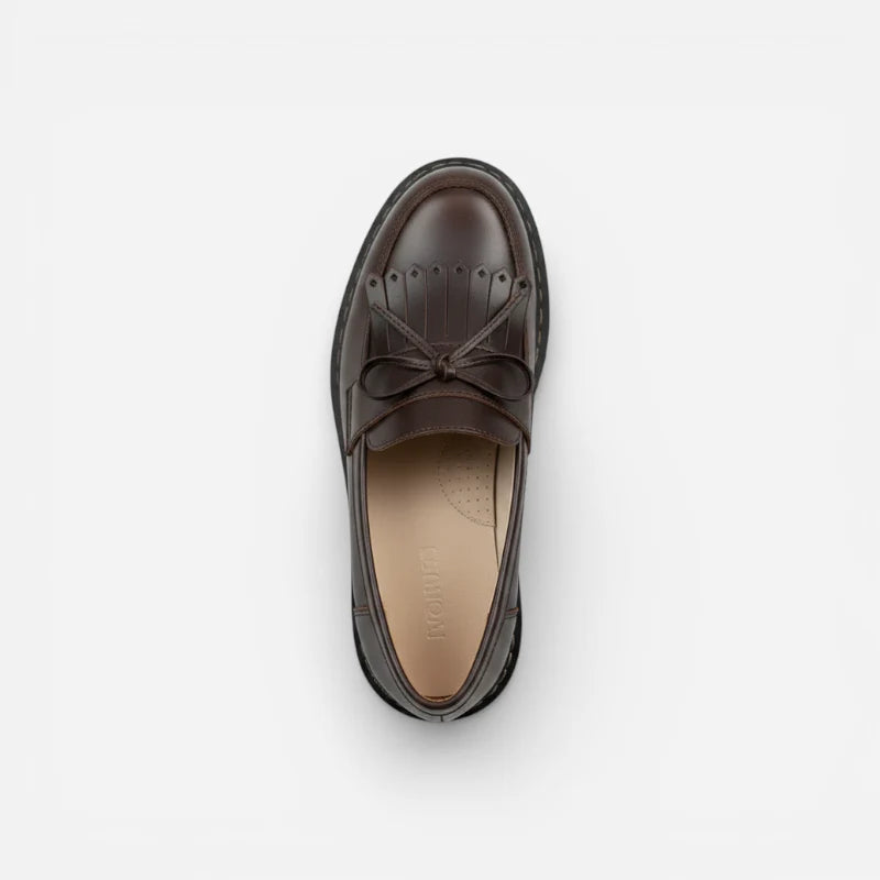 Mocassin En Cuir Marron Foncé Frange Et Lacets Noeud Papillon Femme