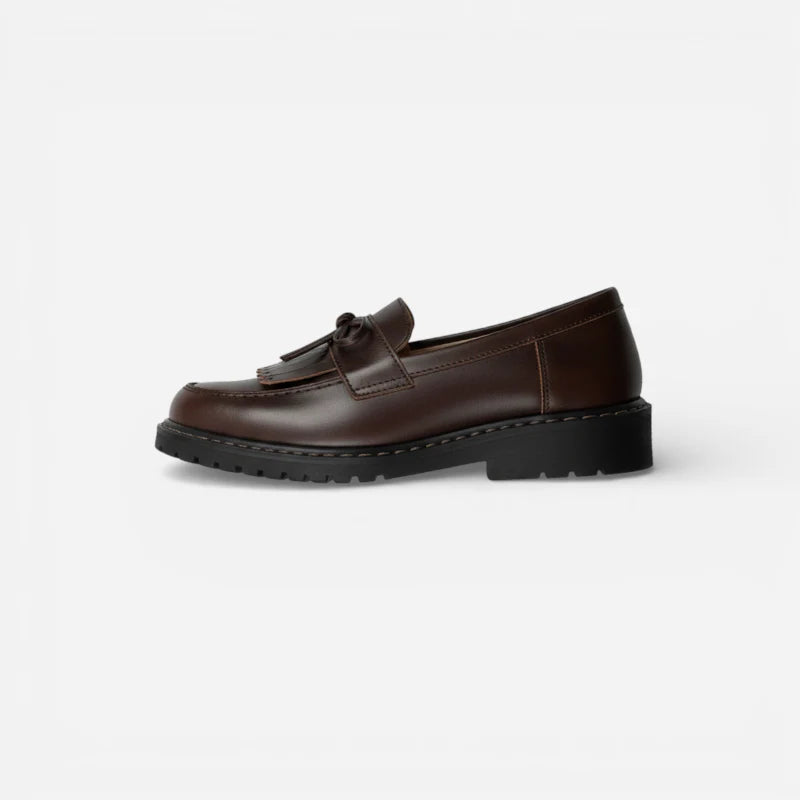 Mocassin En Cuir Marron Foncé Frange Et Lacets Noeud Papillon Femme