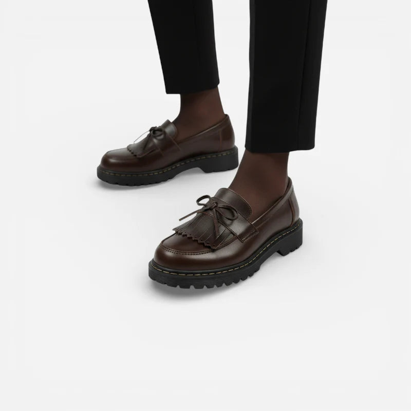 Mocassin En Cuir Marron Foncé Frange Et Lacets Noeud Papillon Femme