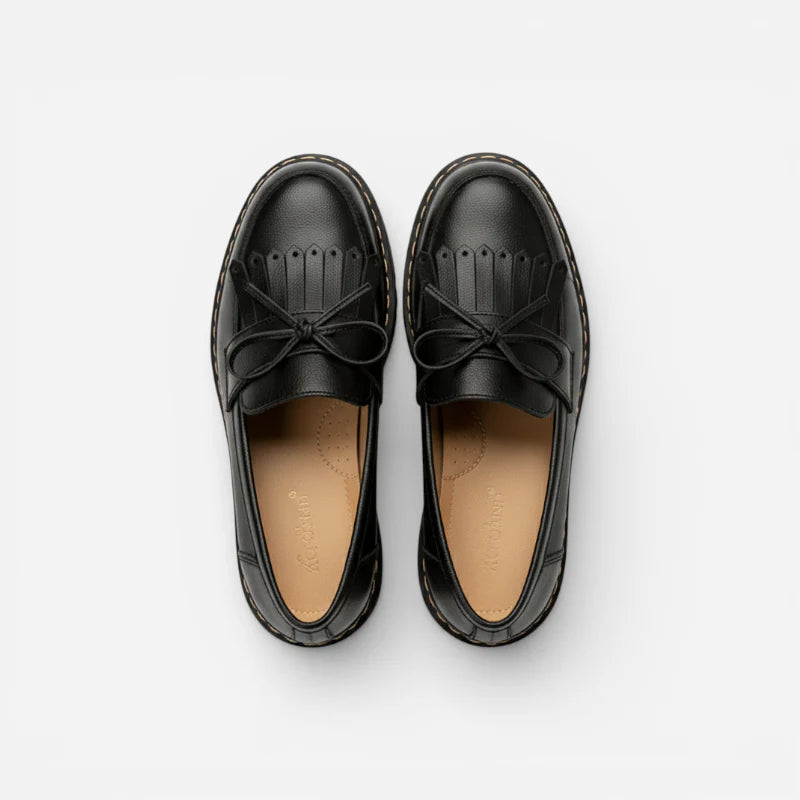 Mocassin Cuir Noir Indien Avec Frange Et Noeuds Papillon Femme