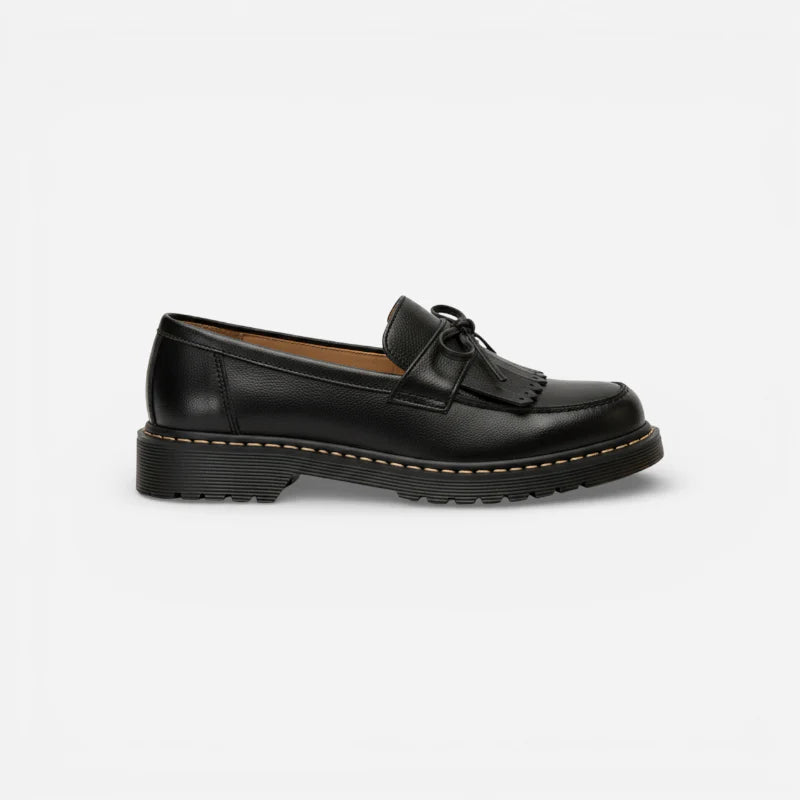 Mocassin Cuir Noir Indien Avec Frange Et Noeuds Papillon Femme