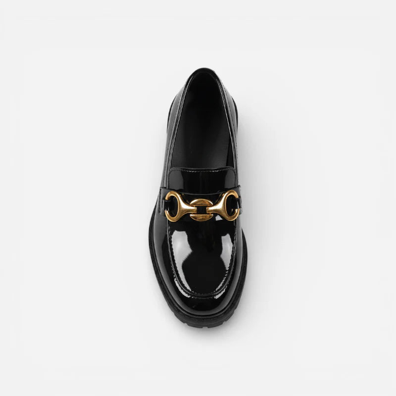 Mocassin Semelle Epaisse En Cuir Noir Vernis Pour Femme