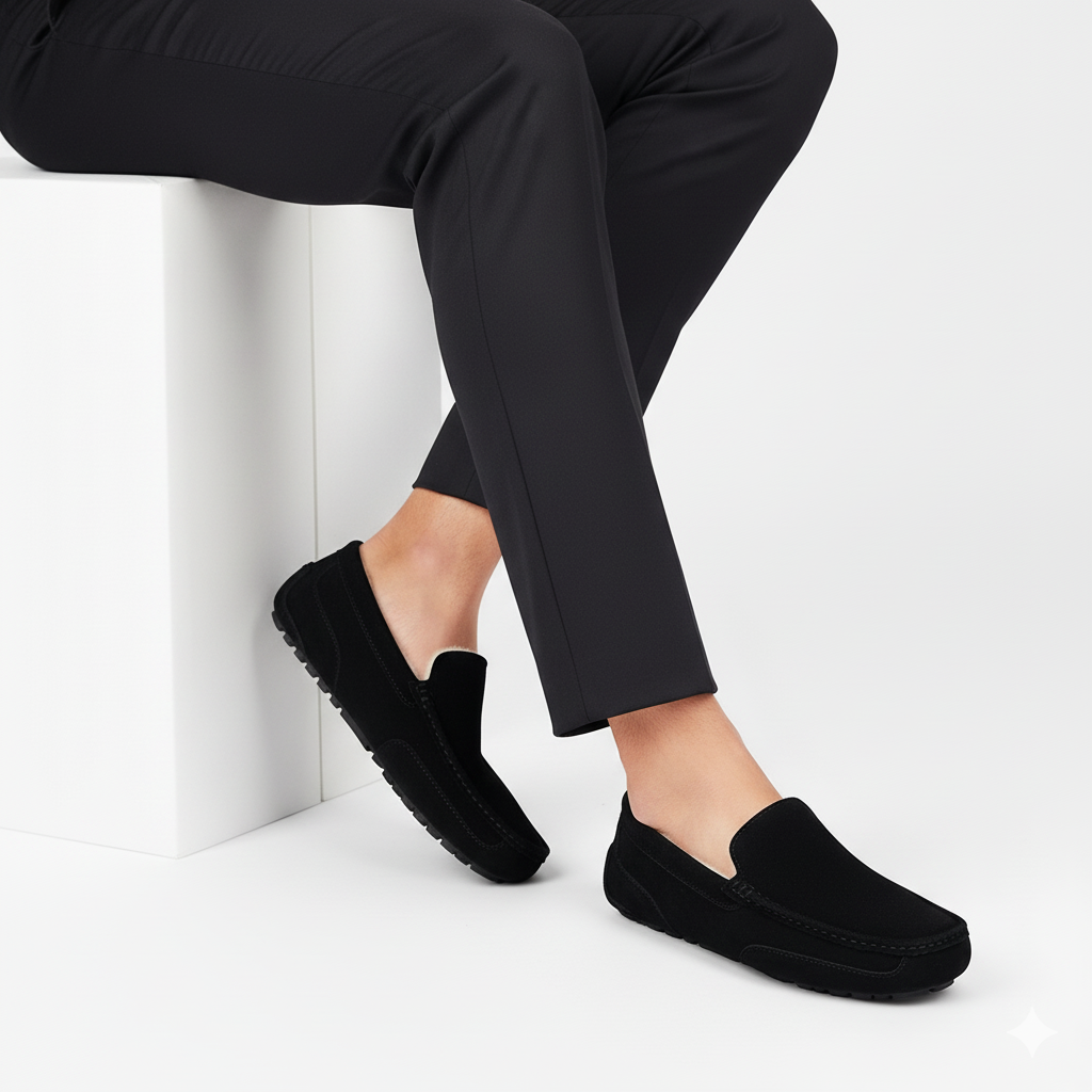 Chausson Mocassin En Daim Noir Fourré Pour L'Hiver Pour Homme