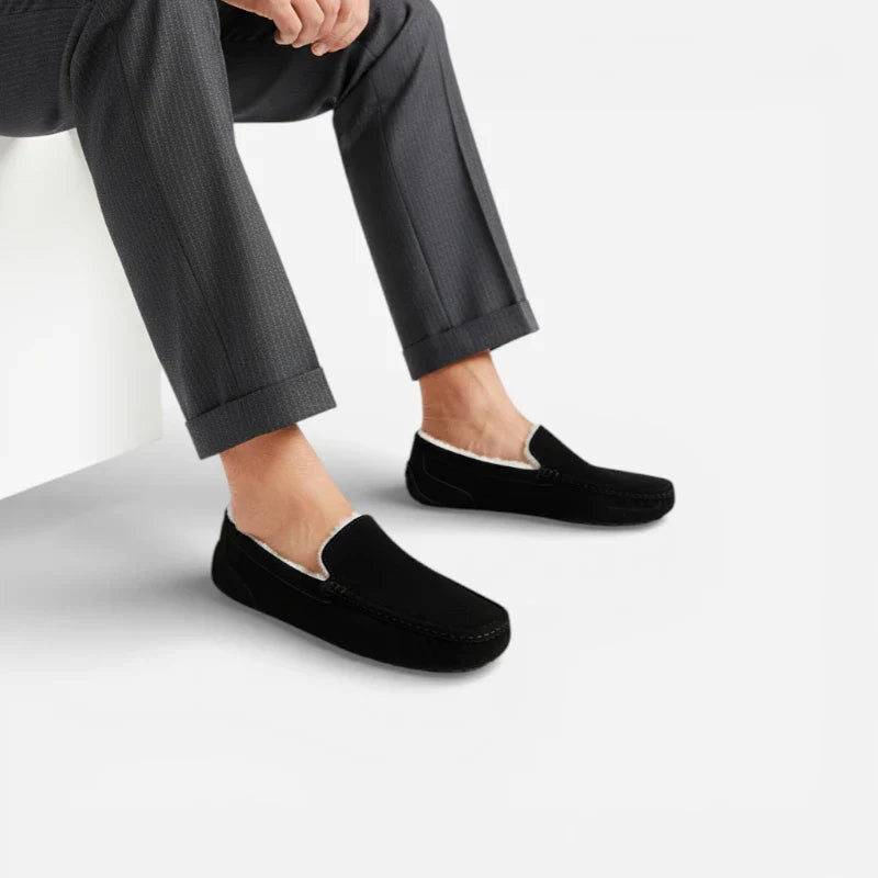 Chausson Mocassin En Daim Noir Fourré Pour L'Hiver Pour Homme