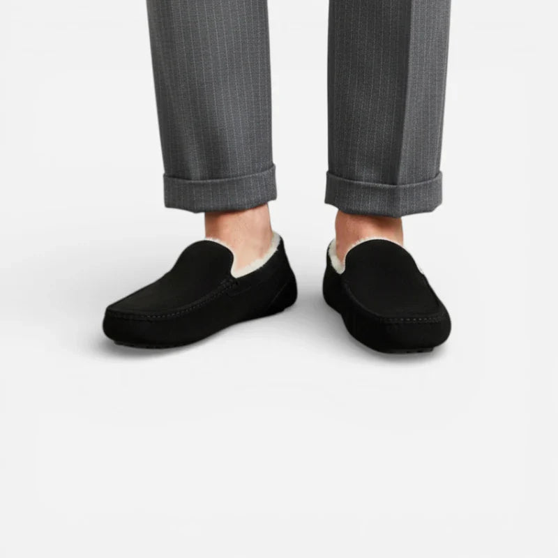 Chausson Mocassin En Daim Noir Fourré Pour L'Hiver Pour Homme