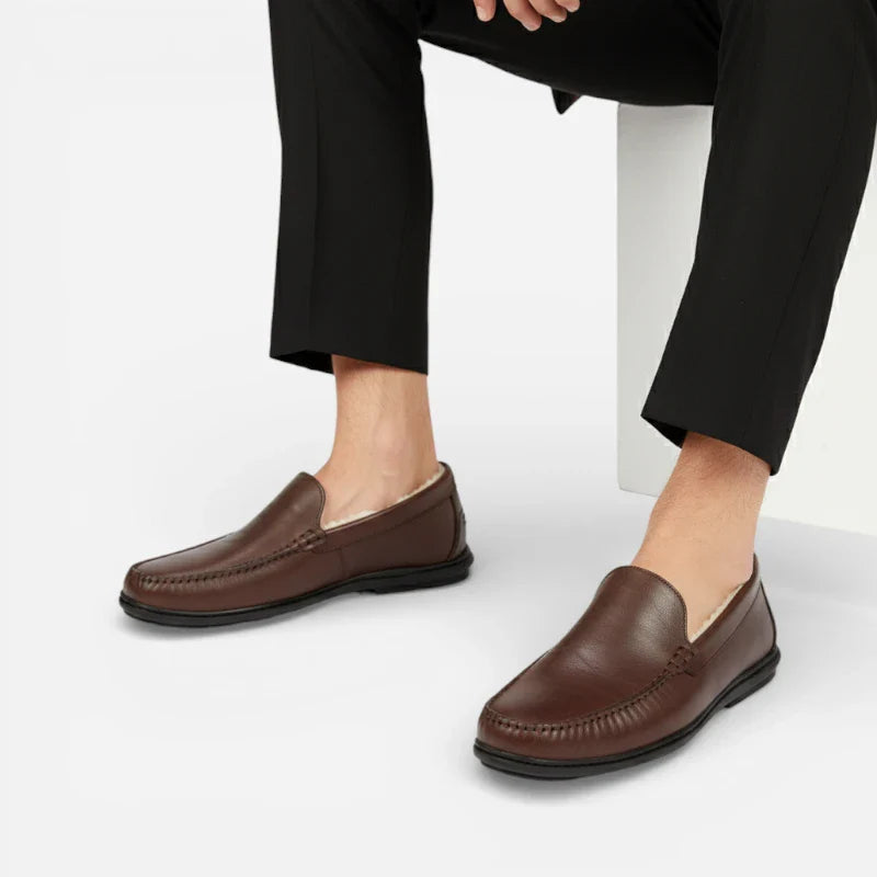 Mocassin En Cuir Marron Foncé Fourré Pour Homme