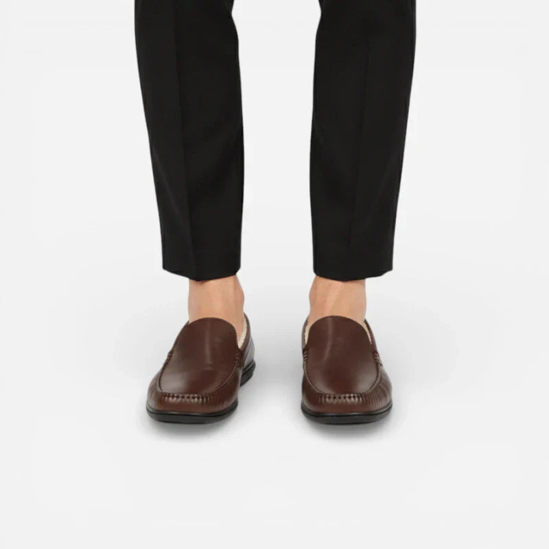 Mocassin En Cuir Marron Foncé Fourré Pour Homme