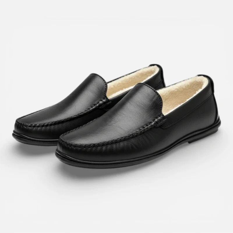 Mocassin En Cuir Premium Noir Fourré Pour Hiver Homme