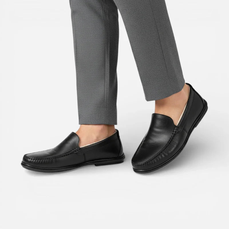 Mocassin En Cuir Premium Noir Fourré Pour Hiver Homme
