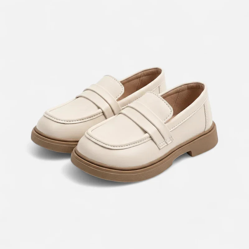 Mocassin Fillette Beige Et Marron Compensé En Cuir