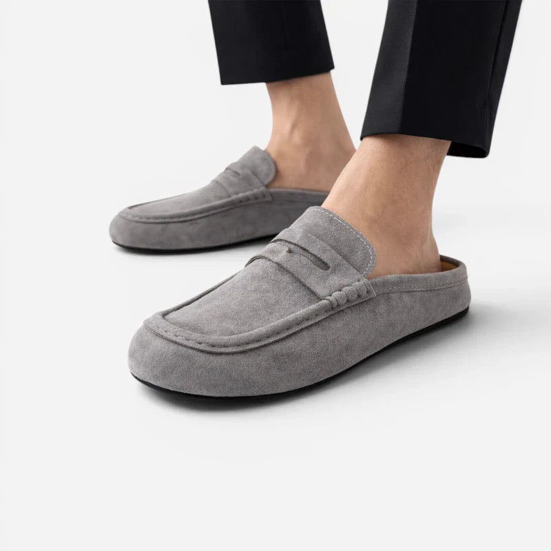 Chausson Mocassin Mule Ouvert En Daim Nubuck Gris