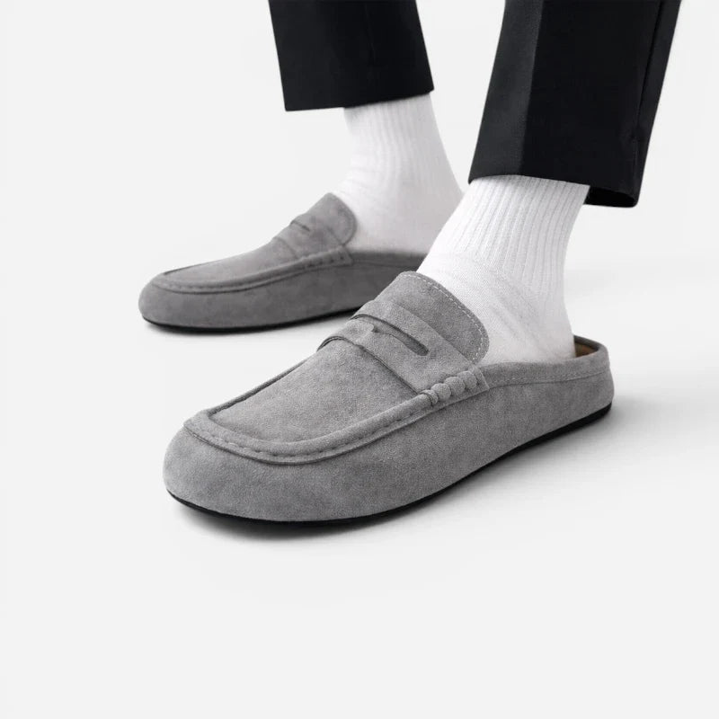 Chausson Mocassin Mule Ouvert En Daim Nubuck Gris