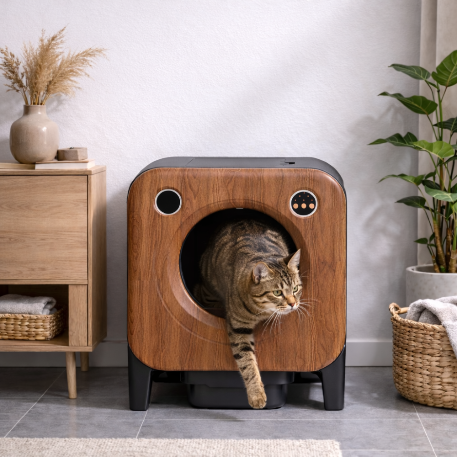 Litière autonettoyante connectée style bois 75L