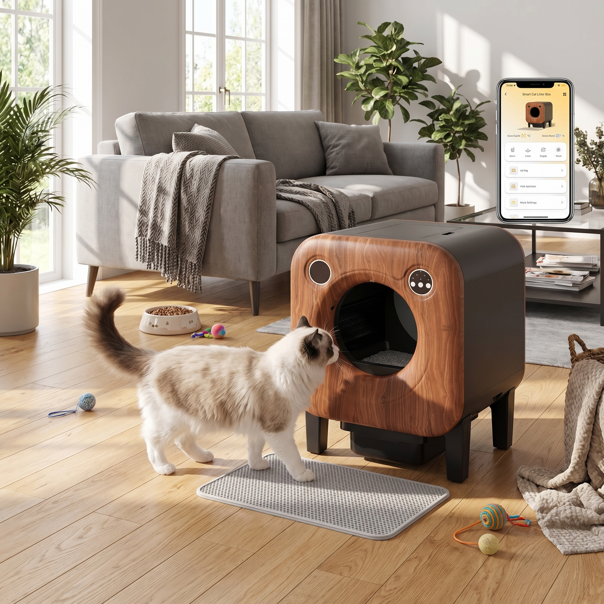 Litière autonettoyante connectée style bois 75L
