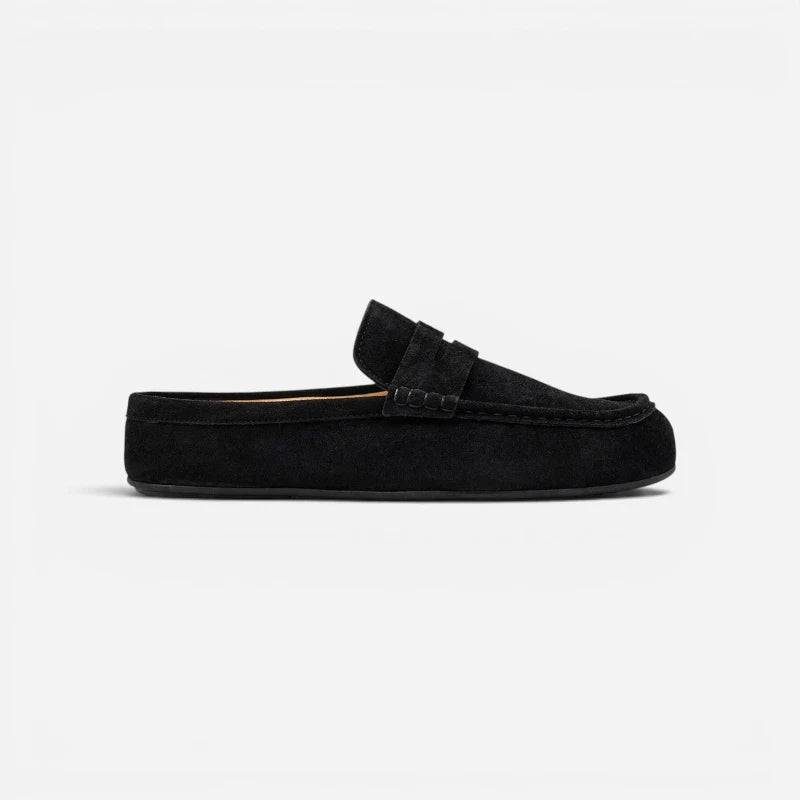 Chausson Mocassin Mule Ouvert Confotable En Daim Nubuck Noir