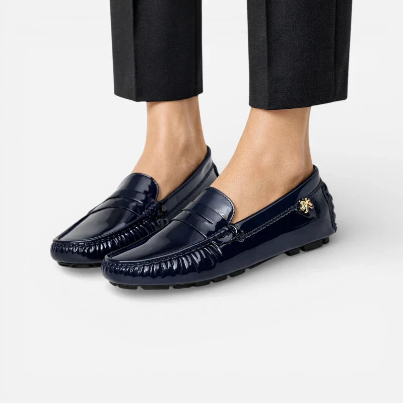Mocassin Cuir Bleu Marine Vernis Femme