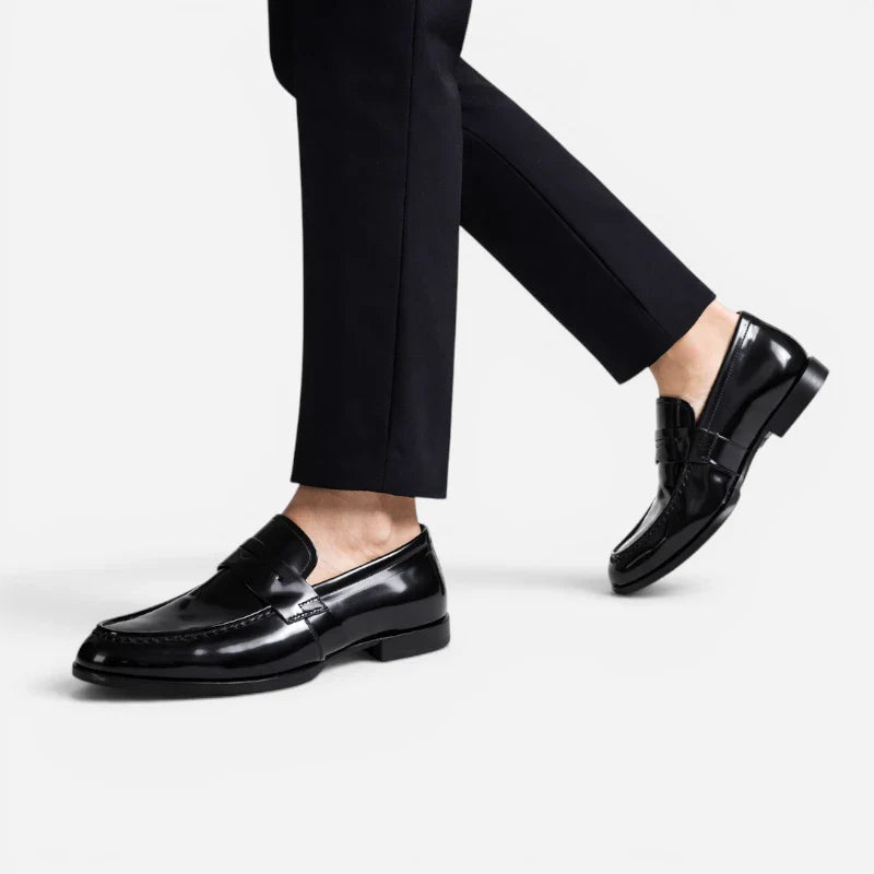 Mocassin Costume Mariage En Cuir Noir Vernis Talon Homme
