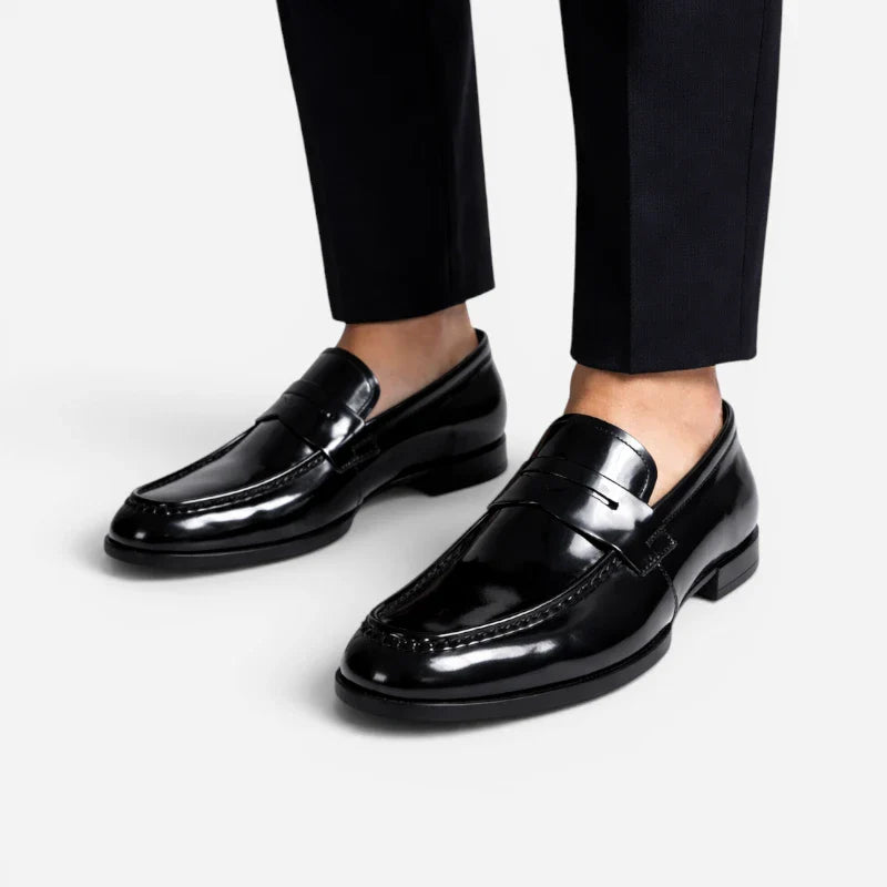 Mocassin Costume Mariage En Cuir Noir Vernis Talon Homme
