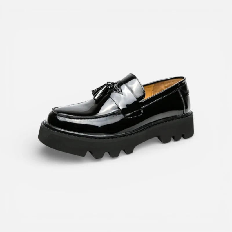 Mocassin Plateforme Vernis Noir À Glands Pour Homme