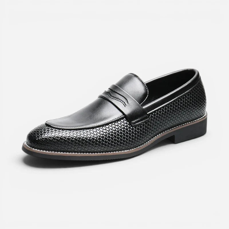 Mocassin Noir Cuir Tréssé Classe Élégant Homme