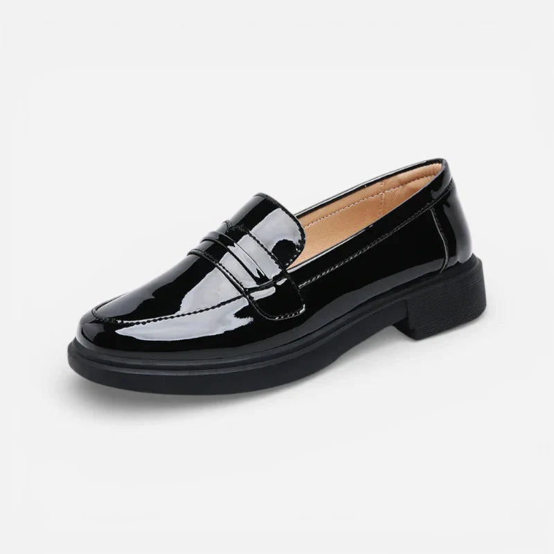 Mocassin Cuir Compensé Vintage Noir Brillant Femme