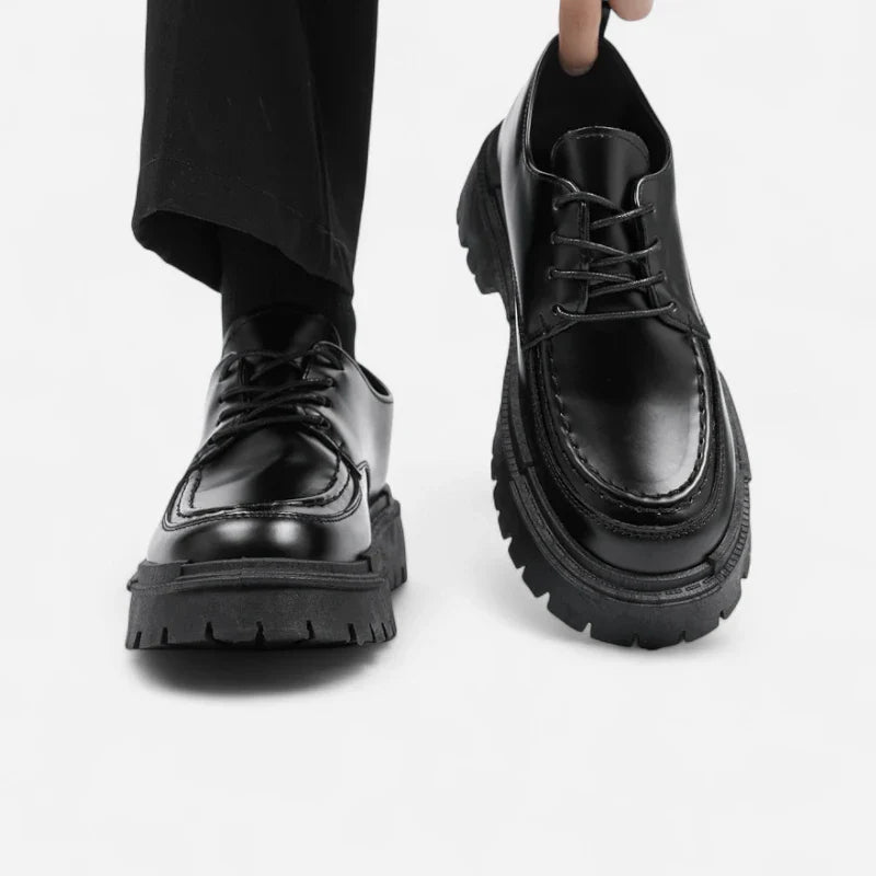 Mocassin Derby Compensé En Cuir Noir Semelle épaisse À Lacet Pour Homme