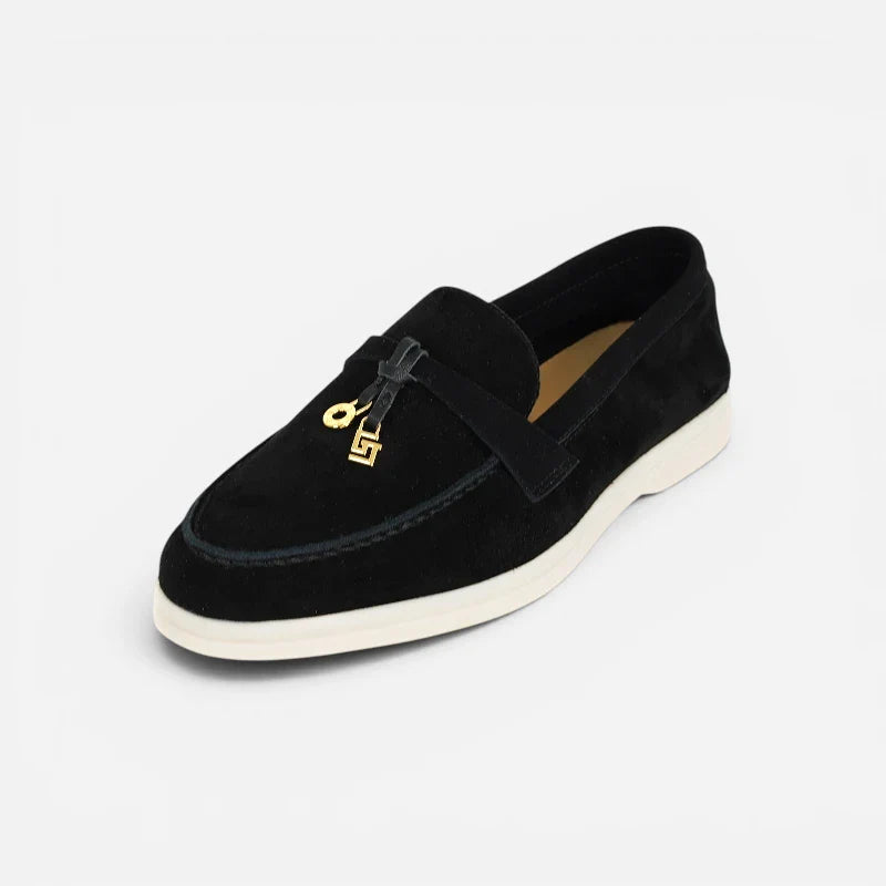 Mocassin Daim Noir Luxe Glands Dorés