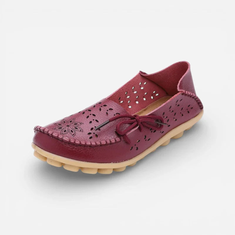 Mocassin Femme Cuir Respirant Motif Bordeaux