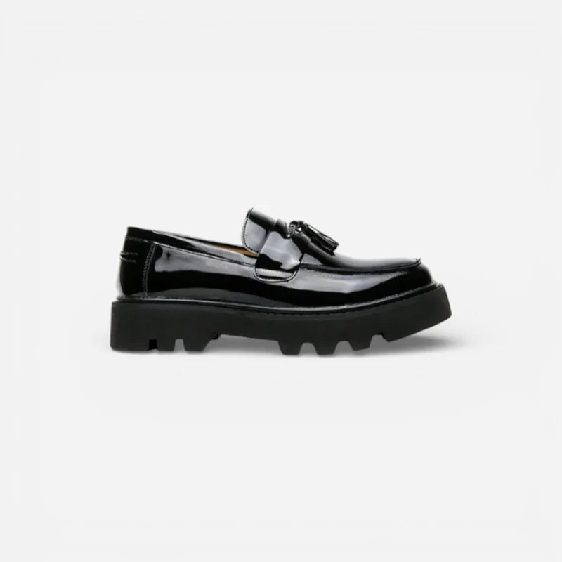 Mocassin Plateforme Vernis Noir À Glands Pour Homme