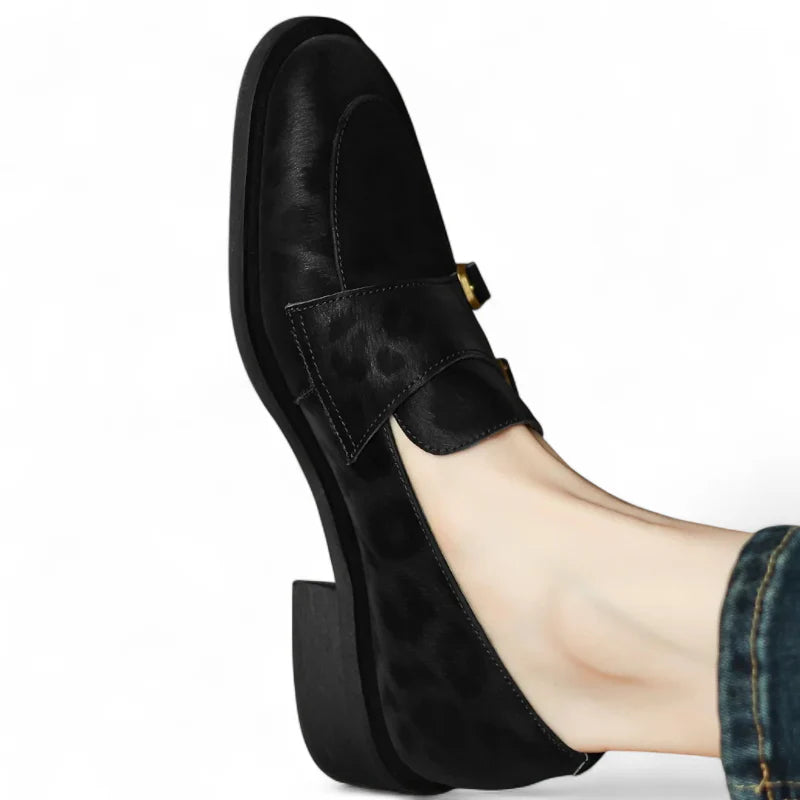 Mocassin En Cuir Noir Design Léopard Femme