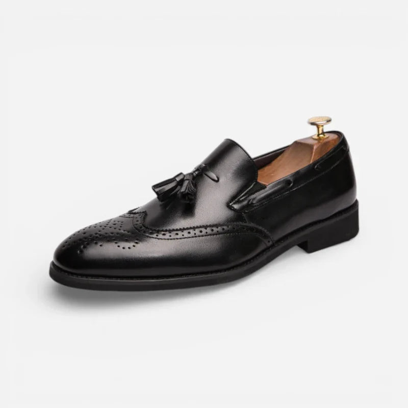 Mocassin En Cuir Vernis à Gland Noir Talon Homme