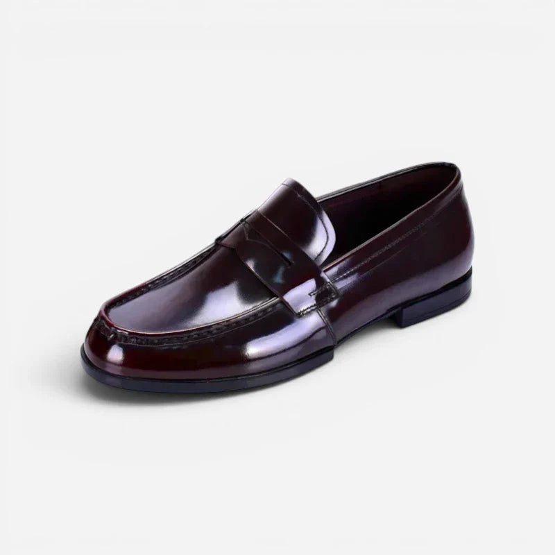 Mocassin En Cuir Vernis Bordeaux Foncé Classe Costume Pour Homme