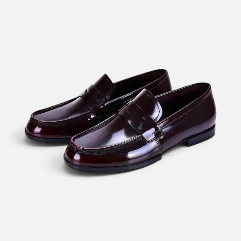 Mocassin En Cuir Vernis Bordeaux Foncé Classe Costume Pour Homme