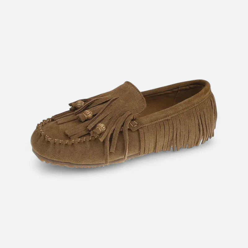 Mocassin Indien En Daim Marron À Frange Pour Femme