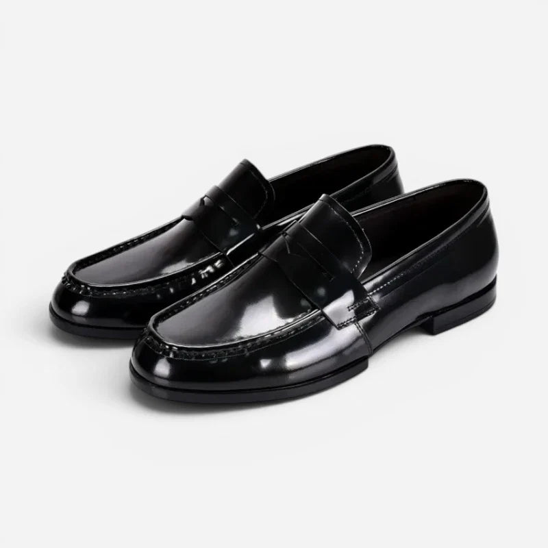 Mocassin Costume Mariage En Cuir Noir Vernis Talon Homme