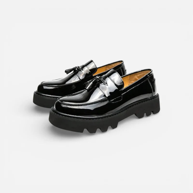 Mocassin Plateforme Vernis Noir À Glands Pour Homme