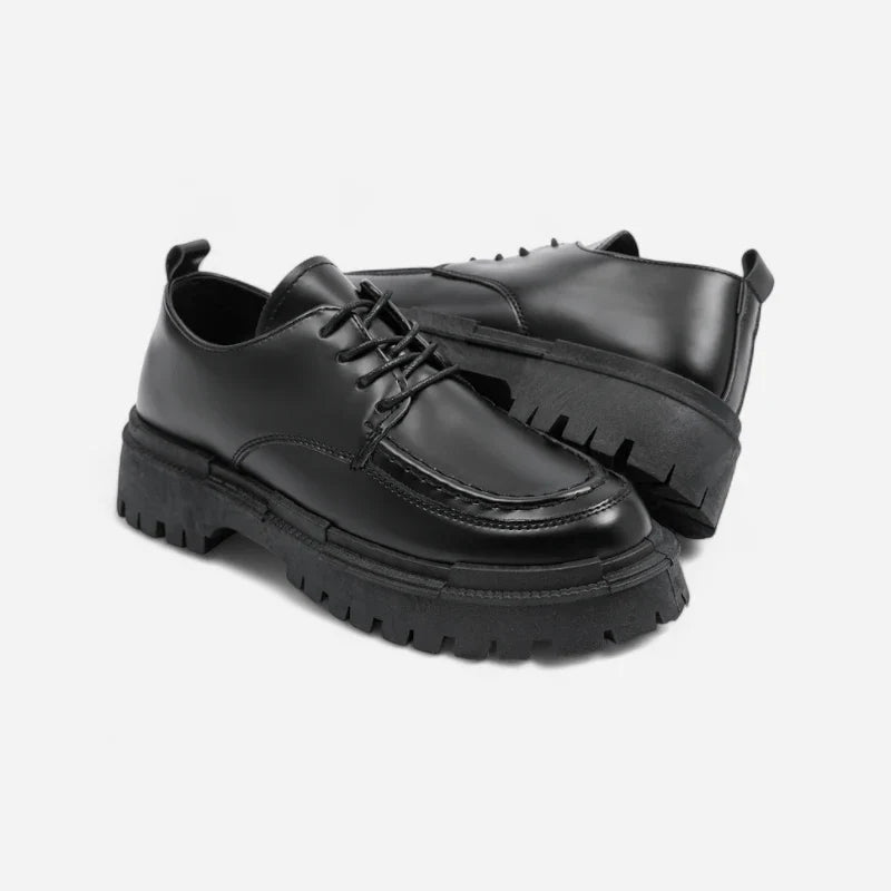 Mocassin Derby Compensé En Cuir Noir Semelle épaisse À Lacet Pour Homme