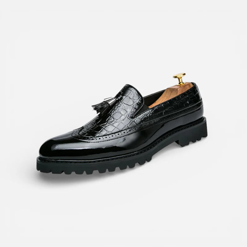 Mocassin En Cuir Noir Vernis à Motifs Compensé Pour Homme
