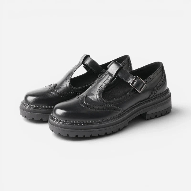 Mocassin Cuir Noir Vernis Bridé Semelle épaisse Pour Femme