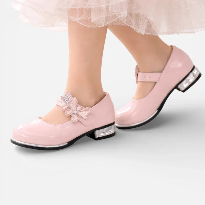 Mocassin Ballerine Solide Rose & Argenté Vernis Pour Fillette