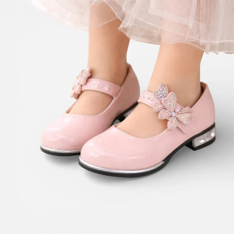 Mocassin Ballerine Solide Rose & Argenté Vernis Pour Fillette